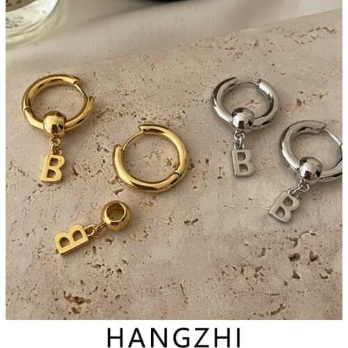 HANGZHI 2021 New Trendy Simple Letter B Pendant Metal Geometric Circle Drop Earrings for Women Girls Fashion Party Jewelry Gifts