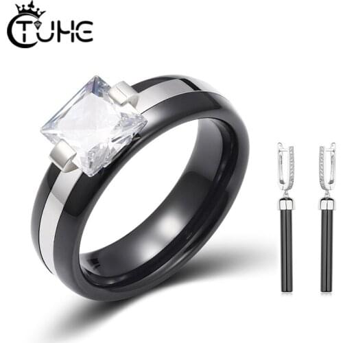 Square Big Crystal 6mm Ceramic Rings Long Drop Ceramic Earrings For Women Elegant Jewelry Set Never Fade Wedding New Year Gifts