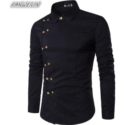 2021Autumn Mens Oblique Button Irregular Double Breasted Ethnic Shirts Men Solid Color Long Sleeve Slim Fit Black Shirt Male Top