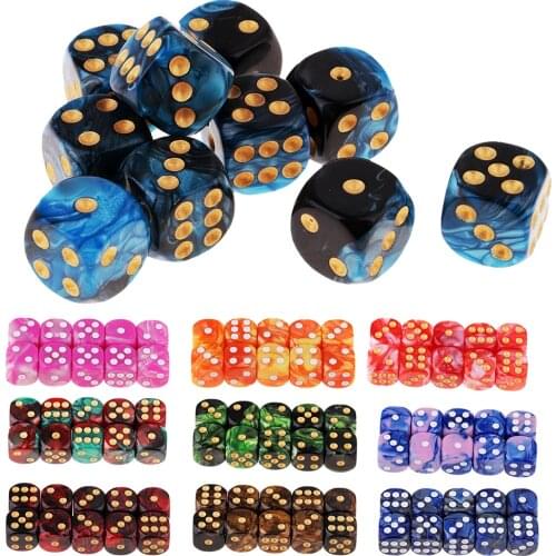 10pcs/pack Six Sided Dice Set Bright Colors Opaque D6 16mm Dice Multi-Color White/Gold Pip for Simple Arithmetic Teaching Tools