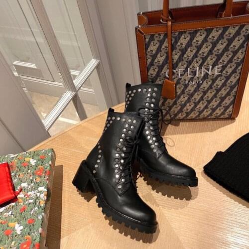 2021Newest Winter Shoes Woman Motorcyle Boots Martin Boots Genuine Leather Ankle Boots Woman Round-Toes Square Heels Boots Woman