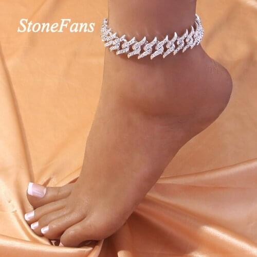 Stonefans New 12mm Adjustable Cuban Link Chain Anklet for Women Men Hip Hop Rhinestone Cuban Ankle Bracelet On the Leg Jewelry