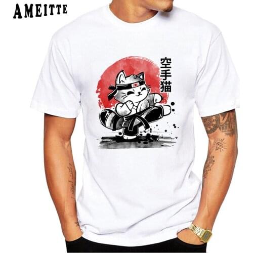 AMEITTE Funny Karate Cat Cartoon Print T-Shirt Casual White Tops Hip Hop Boy Tees New Summer Fashion Men Casual Short Sleeve