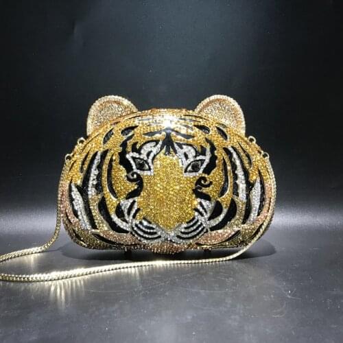 19.5x14CM Tiger Head Rhinestone Bag Hollow Metal Crystal Dinner Bag Handmade Diamond Bag Women Handbag a6748