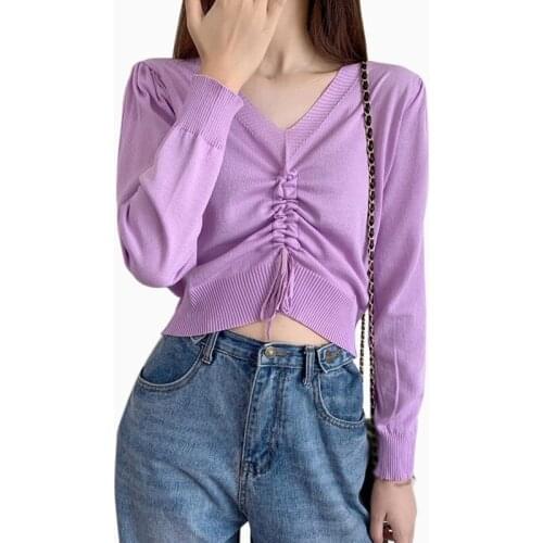 Fall Drawstring Long Sleeve V-neck Sweater Solid Color Ladies Korean Style Thin Puff Sleeve Pullover Jumpers