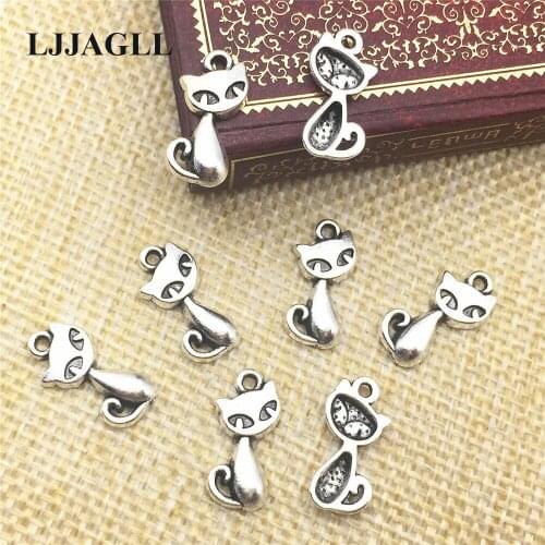 Tibetan Silver Plated 60pcs Cat Charm 9*17mm Zinc Alloy Animal Necklace Pendants Diy Jewelry Handmade Bracelet Craft ADW008