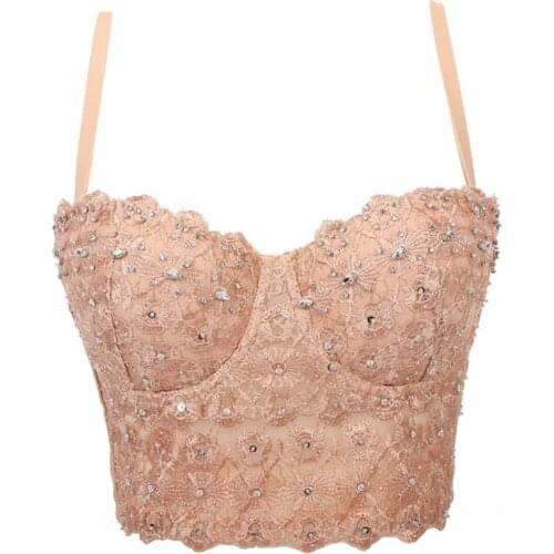 Atoshare Rhinestone Glitter Top with Straps Lace Corset Top Bustier Bra Women Summer Tank Pink Crop Top Party Club Clothing