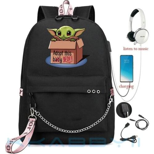 The Mandalorian Baby Yoda USB Backpack Women Men Teenager School Bag Women USB Travel Rucksack Large Mochila Escolar With Chain