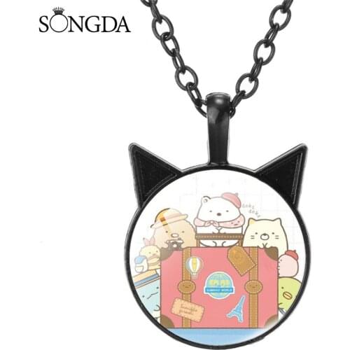 Japan Anime Sumikko Gurashi Pendant Necklace Cat Ear Art Photo Glass Black Cabochon Long Chain Choker For Fans Jewelry Gifts