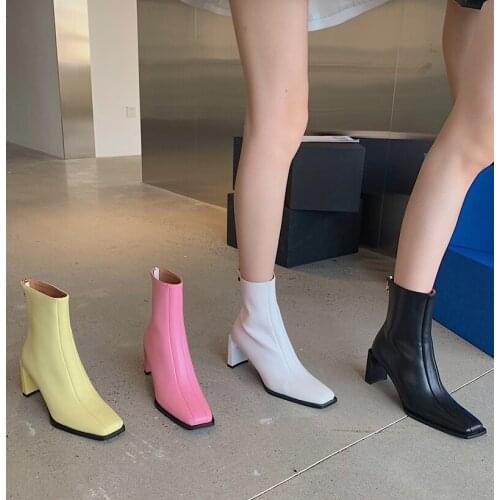 Square Toe Women Ankle Boots Martin Shoes Woman Thick Square High Heels Back Zipper Winter Boots Woman Pink Yellow White Black