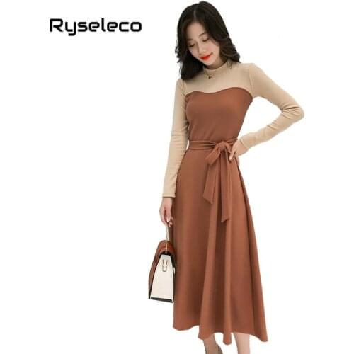 Women Elegant Winter Dresses Elegant Casual Patchwork Long Sleeve Big Swing Flare Basic Dress Slim Bow Tie Lace Up Black Vestido