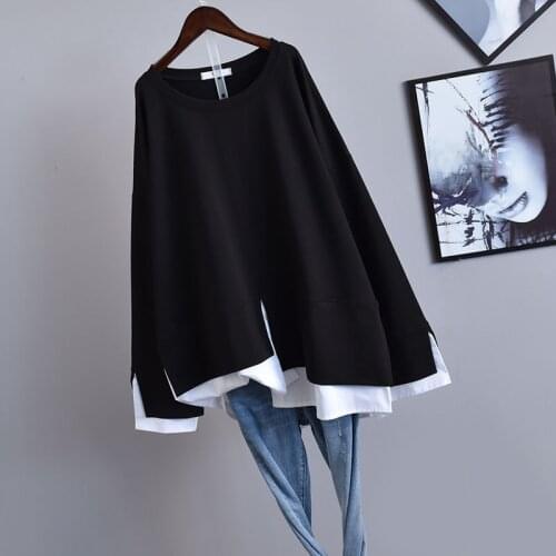 Female T-shirts 2021 Autumn New Korean Women Simple Black Oversize Fake Two-piece Long-sleeved Loose Slim T-shirt Women Top