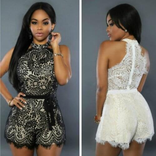 Ladies Summer Bodycon Lace Romper sleeveless halter Spliced Slim Playsuits Jumpsuits Women Night Clubwear See-through Overalls