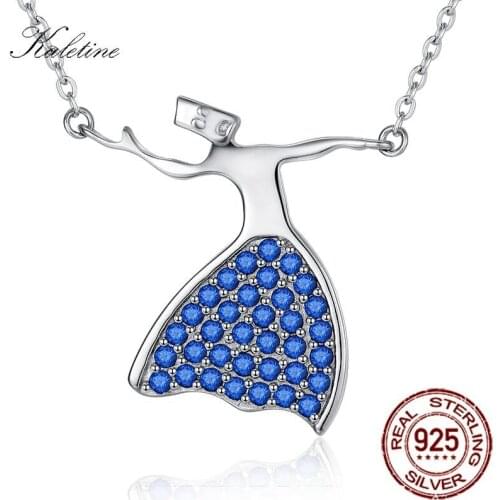 KALETINE Authentic 925 Silver Necklace Women Blue CZ Crystal Dress Hugging Charm Pendant Necklaces Women Fashion Jewelry KLTN066