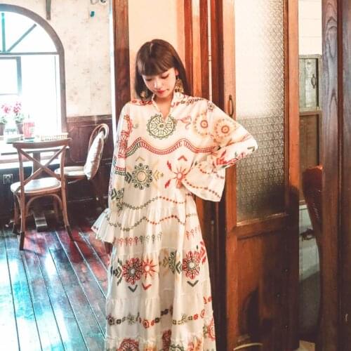 2020 Autumn And Winter New Dress National Style Retro Print Trumpet Sleeve Loose Bohemian Dress Travel Resort Skirt Woman