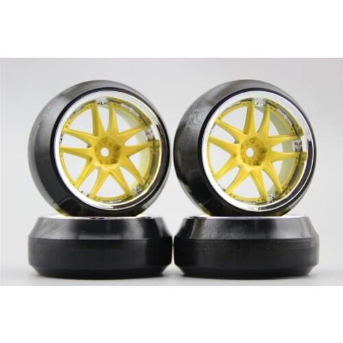 4pcs RC 1/10 Hard Drift Tire Tyre Wheel Rim HD5CY 4mm offset (Chrome+Painting Yellow) Fits For 1:10 Drift Car