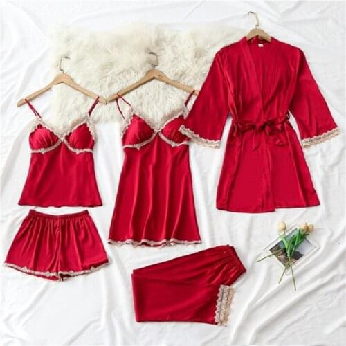Women Sleepwear Satin 5PCS Pajamas Set Nightwear Sexy Kimono Bathrobe Gown Silky Intimate Lingerie Robe Lounge Wear With Lace