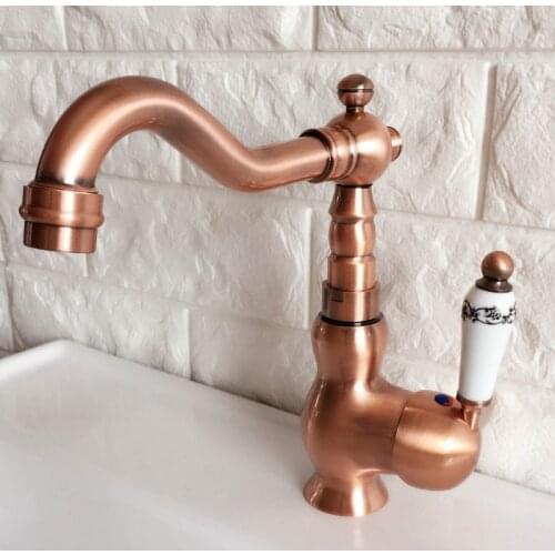 Antique Red Copper Brass Bathroom Kitchen Basin Sink Faucet Mixer Tap Swivel Spout Single Handle One Hole Deck Mounted mnf403