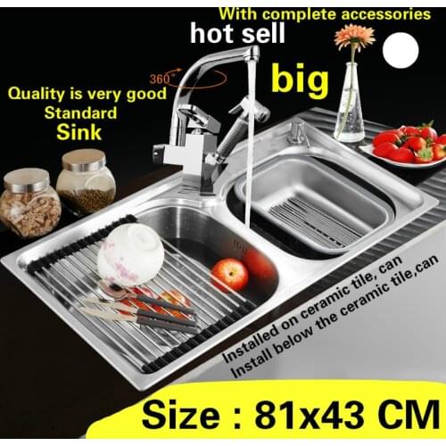 Free shipping Food grade 304 stainless steel standard big kitchen sink double trough washing bowl hot sell 810x430 MM