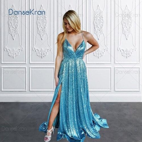 Sparkly Turquoise Blue Sequin Prom Dresses With Pockets Spaghetti Strap Corset Back Side Split Formal Evening Dresses For Party