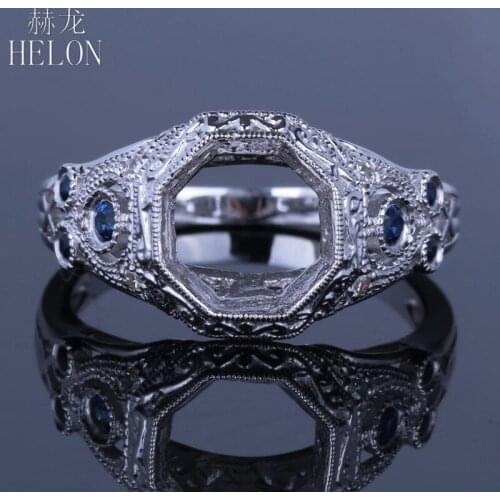 HELON 8mm Round Cut Solid 14k White Gold 0.25ct Natural Diamonds & Sapphire Ladies Jewerly Semi Mount Engagement Wedding Ring