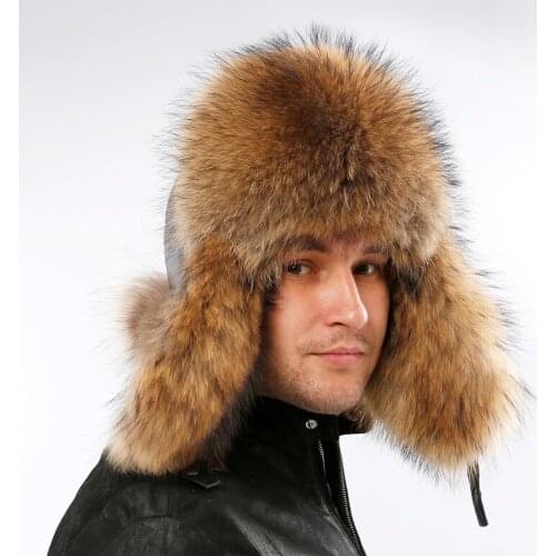 Real Raccoon Fur hat Bomber Hats Raccoon Fur Hats Women Men Warm Genuine Fur Female Brown Natural Fur Unisex Russian Bomber