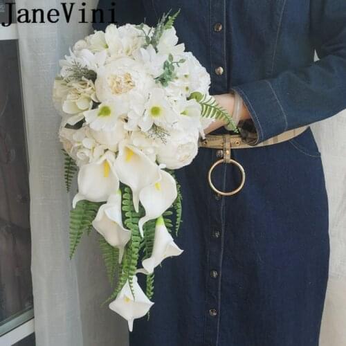 JaneVini 2019 Waterfall White Wedding Bouquet Artificial Peony Calla Lily Bride Holding Flowers Drop Shape Pearl Bridal Bouquets