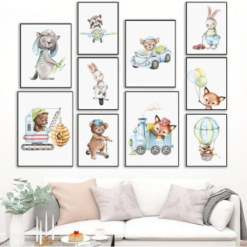 Cartoon Bear Rabbit Fox Owl Balloon Airplane Wall Art Canvas Painting Nordic Posters And Prints Wall Pictures Kids Room Decor