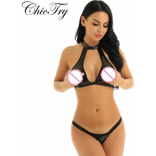 2Pcs Women Lingerie Set Wet Look Faux Leather Halter Neck Hollow Out Bust Bra Top with Crotchless G-string Briefs Underwear