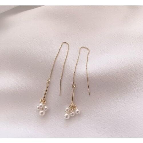 Huge Bud Hanging Long Drop Earrings Simulated Pearl Eardrop 14K Gold Ear Line for Women OL Pendientes Bijoux Wedding Jewelry