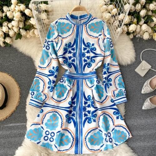 Autumn Long Sleeve Floral Print Dress Women Vintage Party Vestidos Elegant Stand Collar A Line Casual Bohemian Mini Dresses