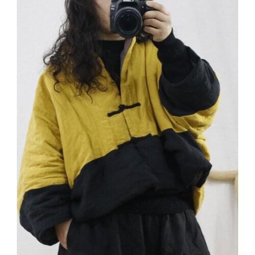 QPFJQD Ladies Bat Sleeve Yellow Linen Coats Autumn Winter Women V-Neck Loose Women Button Warm Retro Parkas Clothes