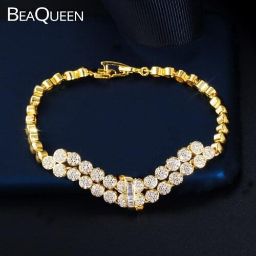 BeaQueen Sparkling Tiny AAA+ Cubic Zirconia Stones Paved Luxury Dubai Gold Women Bracelets Wedding Party Jewelry for Gift B187