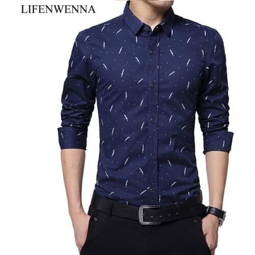 2019 New Autumn Fashion Mens Shirt Slim Fit Print Long Sleeve Shirt Mens Clothing Trend Casual Social Office Shirt Men Plus 5XL