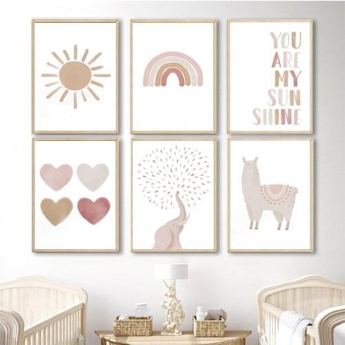 Sun Rainbow Letters Elephant Llama Love Wall Art Canvas Painting Nordic Posters And Prints Wall Pictures Kids Baby Room Decor