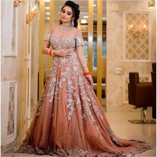 Luxurious Crystal A Line Wedding Dresses O Neck Short Sleeve Tassel Appliques Two Pieces Bridal Gowns Sweep Train Wedding Dress