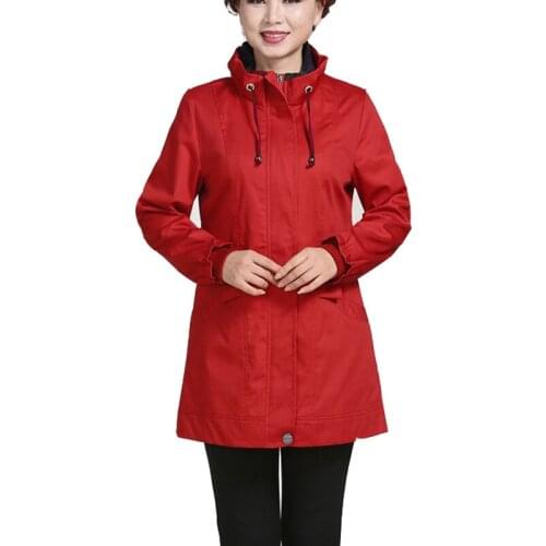 Womens Windbreaker 2019 Spring Autumn New Mother Coat Middle-Aged Solid Color Casual Large Size Female Trench Coat Hooded Q42