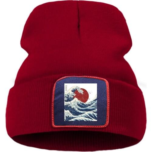 Japanese Big Wave Red Sun Printing Fashion New Women Winter Hat Soft Keep Warm Mens Knit Hats Outdoor Hip Hop Caps For Boys