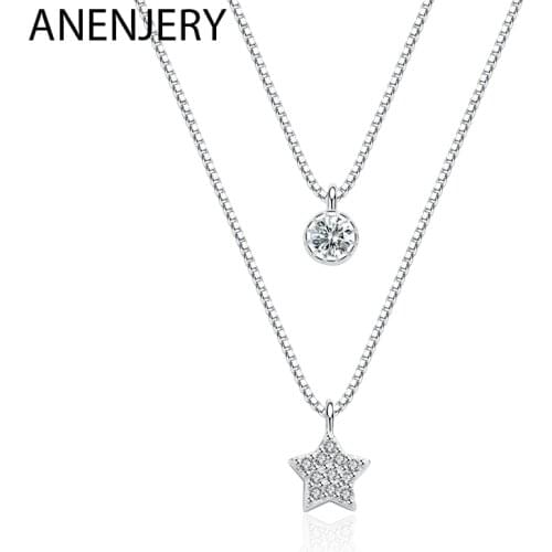 ANENJERY 925 Sterling Silver Double-layer Zircon Star Necklaces For Women Short Chain Choker Gift S-N390