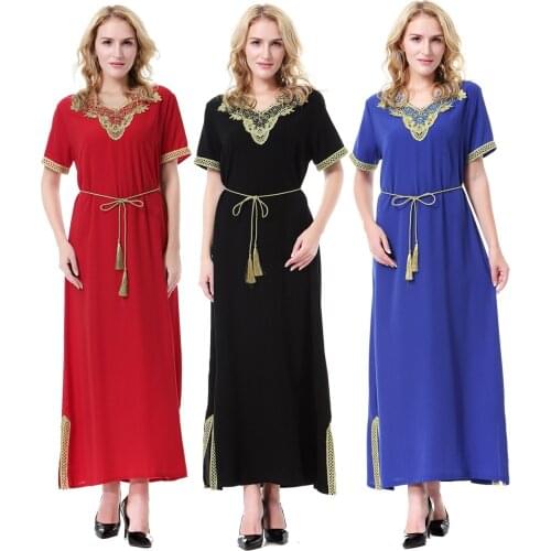 Womens Muslim Kaftan Islamic Short Sleeves Long Abaya Thobe Saudi Arab Ethnic Lady Female Applique V Neck Maxi Dress