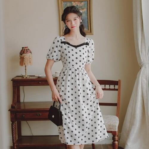Women Dresses French Romantic Retro Floral Dress Summer Black Print Ruffle Elegant Bowknot Hollow Sweet Sexy Puff Sleeve Dress