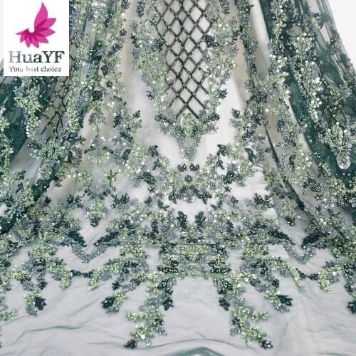 2021 Green 3D Flowers HandMade Beaded Mesh Lace With Sequins Mesh Fabrics For Party Dress HY1686-2
