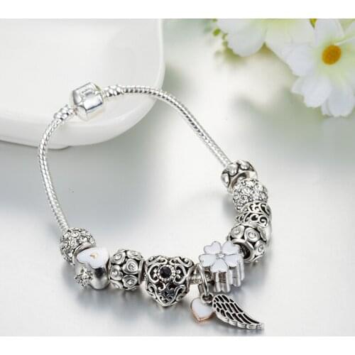 ANNAPAER Silver Color Angles Wings Charms Bracelet for Women Jewelry White Snowflake Heart Pendant Bracelets & Bangles B16162