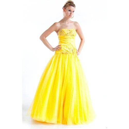 Free shipping cheap robe de soiree fashion vestido de festa longo yellow crystal party ball gown Quinceanera bridesmaid Dresses