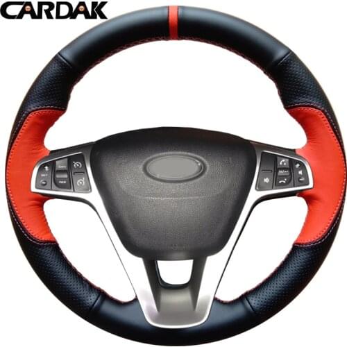 CARDAK DIY Orange Black Artificial Leather Hand-stitched Car Steering Wheel Cover for Lada Vesta 2015 2016 2017