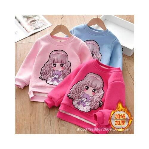Girls Plus Fleece Sweatshirt Autumn and Winter Clothing 2020 New Baby Cartoon Korean Style Padded Jacket Girls Warm Pullover Tee