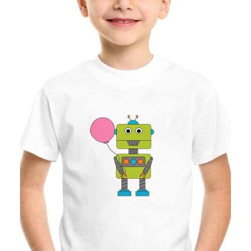 3 4 6 8 10 12 Years Robot Boys T-Shirt Unisex Short Sleeve Tee Tops Kids Cartoon Printing Clothes Summer Children White Wear