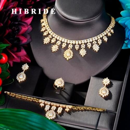 HIBRIDE Luxury Design Big Gold Color Wedding Bridal Cubic Zircon Necklace Dubai 4PCS Dress Jewelry Set For Party Gifts N-829