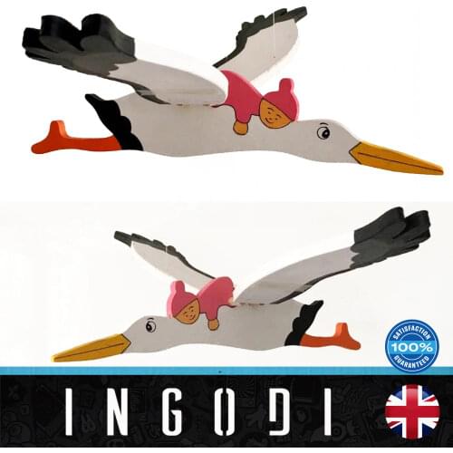 INGODI handmade cute stork hanging springy wooden toy home and kids room decoration