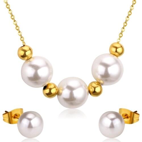 LUXUKISSKIDS Gold/Steel Fake Pearl Pendant Necklace Small Stud Earring Jewelry Set Women Fashion Stainless Steel Sets